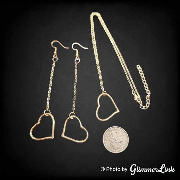 Minimalist Open Heart Pendant Necklace & Long Dangle Earrings Gold Tone Set - Picture 6 of 7